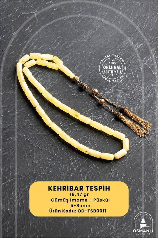 5-10 mm Silindir Kesim Gold Eskitme Kaplamalı Gümüş İmame ve Püsküllü Kehribar Tesbih - 18,47 gr