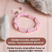 Pembe Kuvars, Hematit Doğal Taş Makrome Bileklik