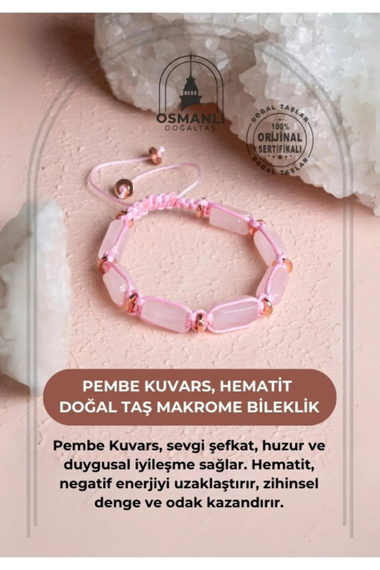 Pembe Kuvars, Hematit Doğal Taş Makrome Bileklik