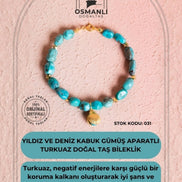 Sertifikalı Yıldız ve Deniz Kabuk Gümüş Aparatlı Firuze(Turkuaz)Doğal Taş Bileklik (SK:031)