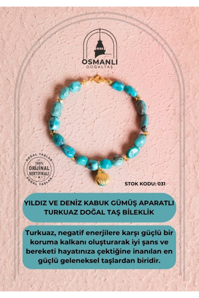 Sertifikalı Yıldız ve Deniz Kabuk Gümüş Aparatlı Firuze(Turkuaz)Doğal Taş Bileklik (SK:031)