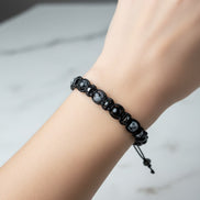 Karlı Obsidyen ve Hematit Doğal Taş Bileklik – İpli, 6 mm Unisex Tasarım