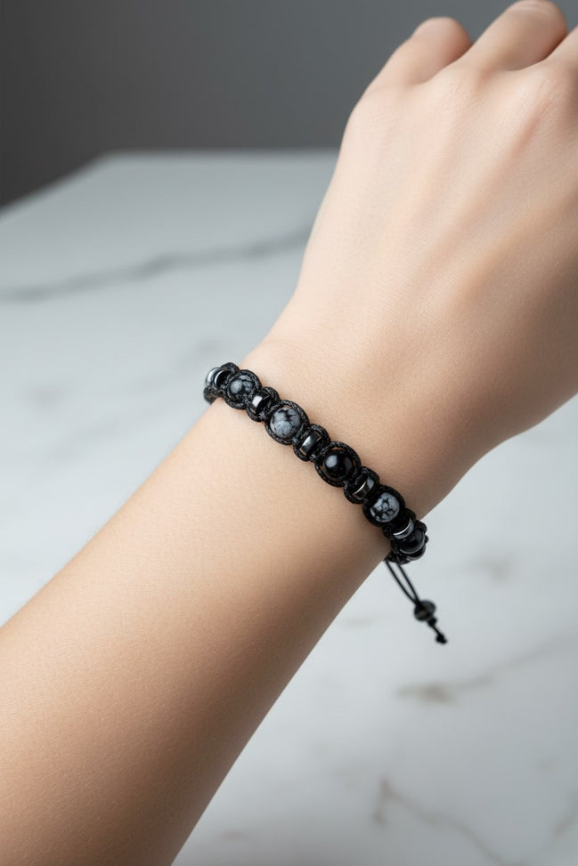 Karlı Obsidyen ve Hematit Doğal Taş Bileklik – İpli, 6 mm Unisex Tasarım