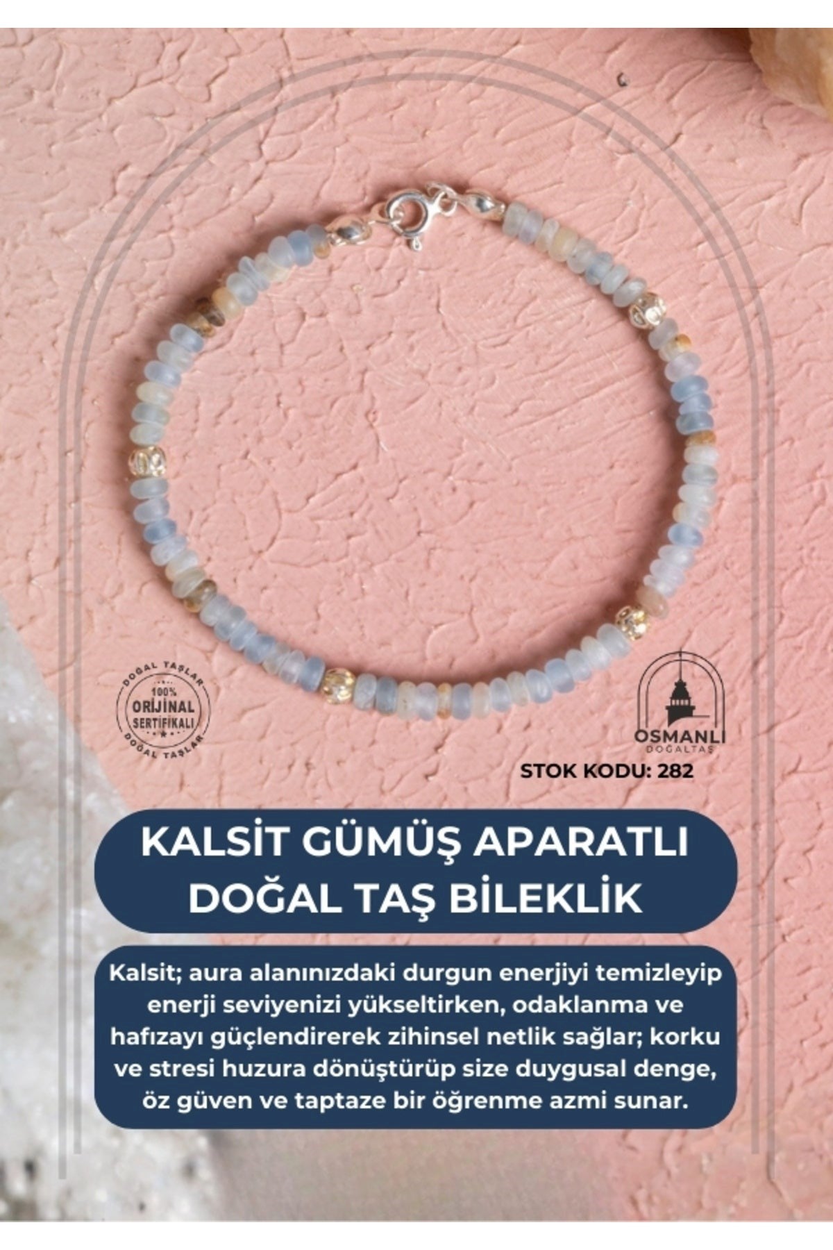 Sertifikalı Kalsit Gümüş Aparatlı Doğal Taş Bileklik (SK:282)