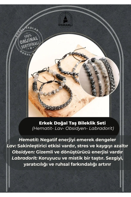 Hematit-Lav-Obsidyen-Labradorit Erkek Doğal Taş Bileklik Seti