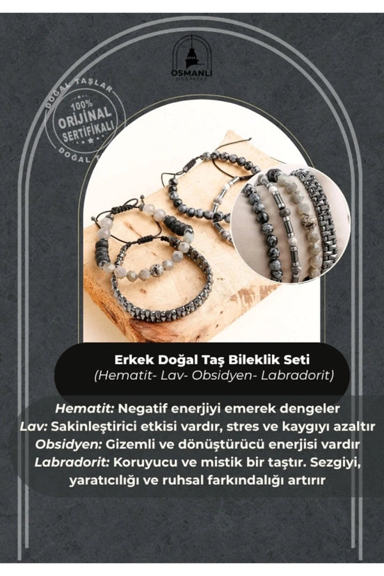 Hematit-Lav-Obsidyen-Labradorit Erkek Doğal Taş Bileklik Seti