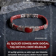 El İşçiliği Gümüş Akik Doğal Taş Detaylı Deri Bileklik (SK:199)