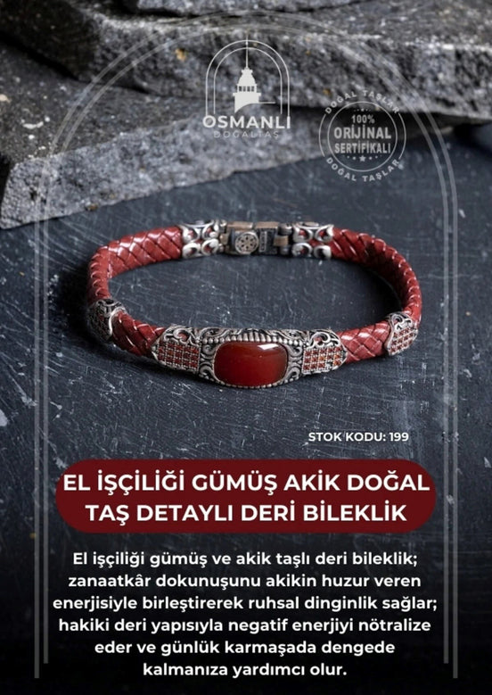 El İşçiliği Gümüş Akik Doğal Taş Detaylı Deri Bileklik (SK:199)