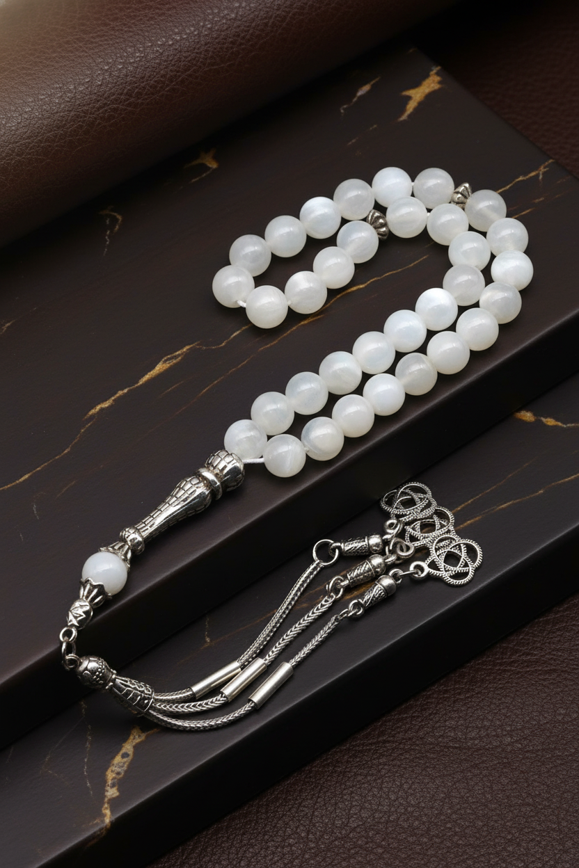 Ay Taşı Doğal Taş Tesbih – 8 mm Küre Kesim