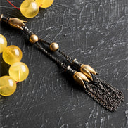 Lale Motifli 12,5 mm Küre Kesim Gold Kaplama Gümüş Kehribar Tesbih - 43,50 gr