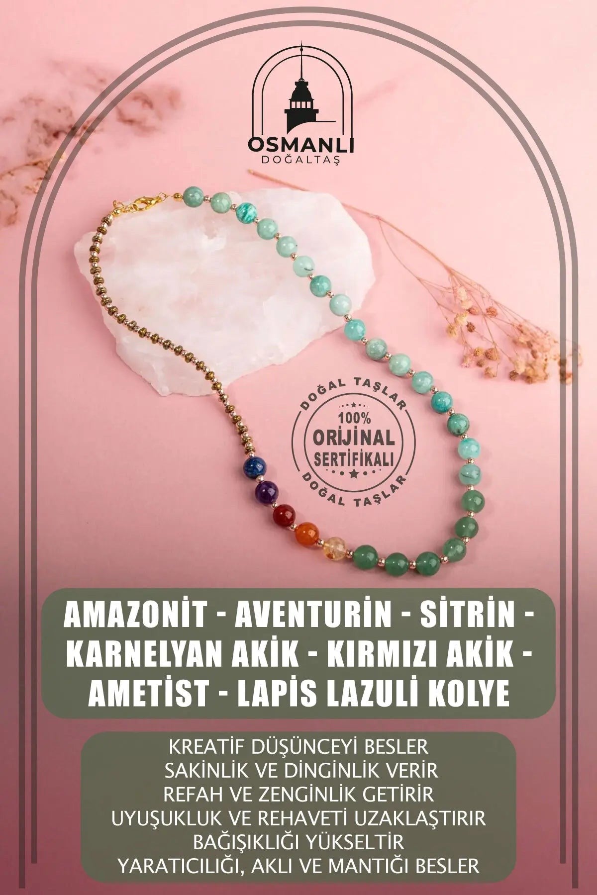 Amazonit -Aventurin-Sitrin-Karnelyan Akik-Kırmızı Akik-Ametist-Lapis Lazuli Kolye