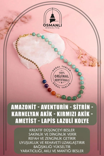 Amazonit -Aventurin-Sitrin-Karnelyan Akik-Kırmızı Akik-Ametist-Lapis Lazuli Kolye