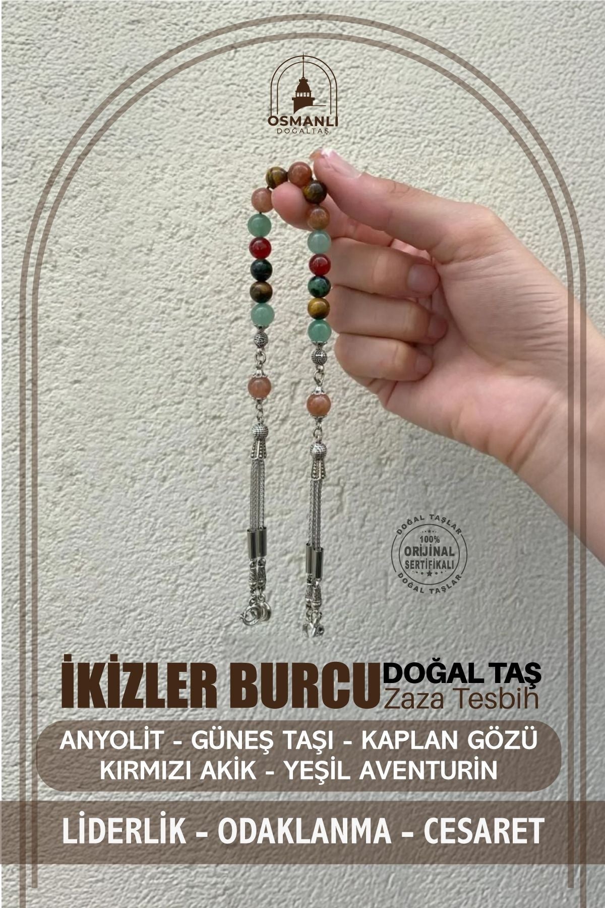 İkizler Burcu Zaza Tesbih Anyolit, Güneş Taşı, Kaplan Gözü, Kırmızı Akik, Yeşil Aventurin