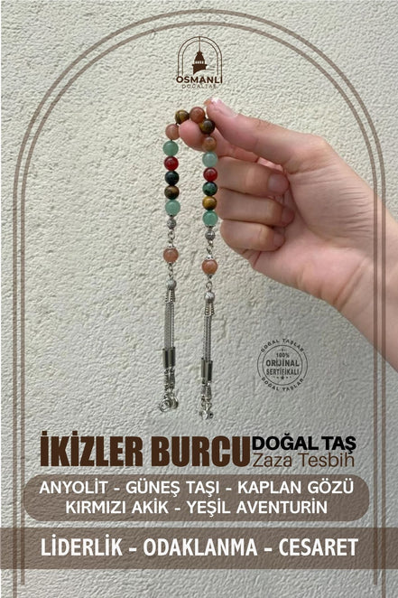 İkizler Burcu Zaza Tesbih Anyolit, Güneş Taşı, Kaplan Gözü, Kırmızı Akik, Yeşil Aventurin