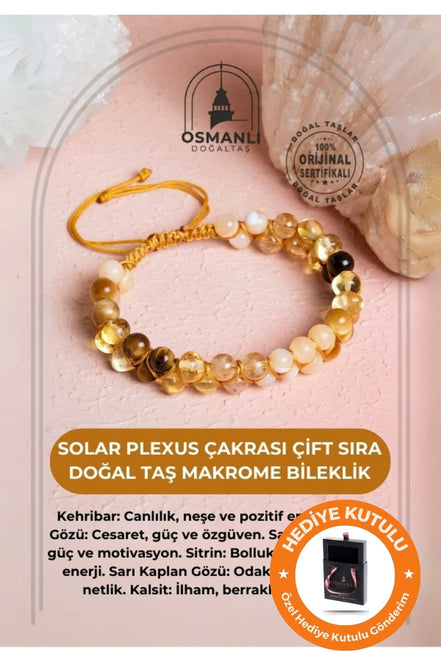 Sertifikalı Solar Plexus Çakrası Çift Sıra Doğal Taş Makrome Bileklik