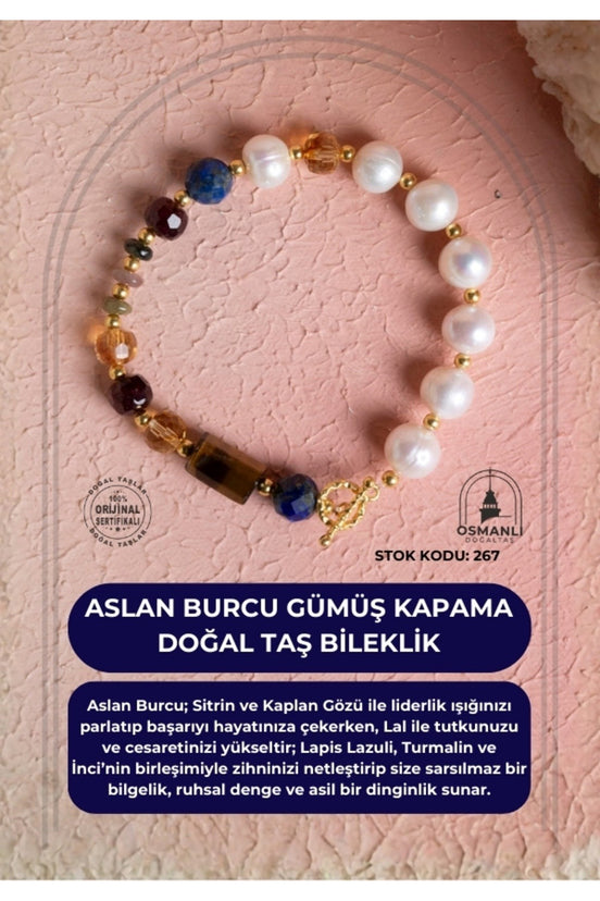 Aslan Burcu Gümüş Kapama Doğal Taş Bileklik (SK:267)