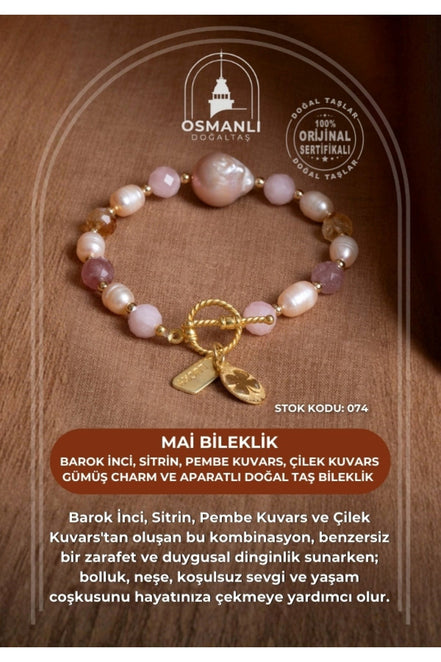 Mai Bileklik-Barok İnci, Sitrin, Pembe Kuvars, Çilek Kuvars Gümüş Charm ve Aparatlı Doğal Taş Bileklik (SK:074)