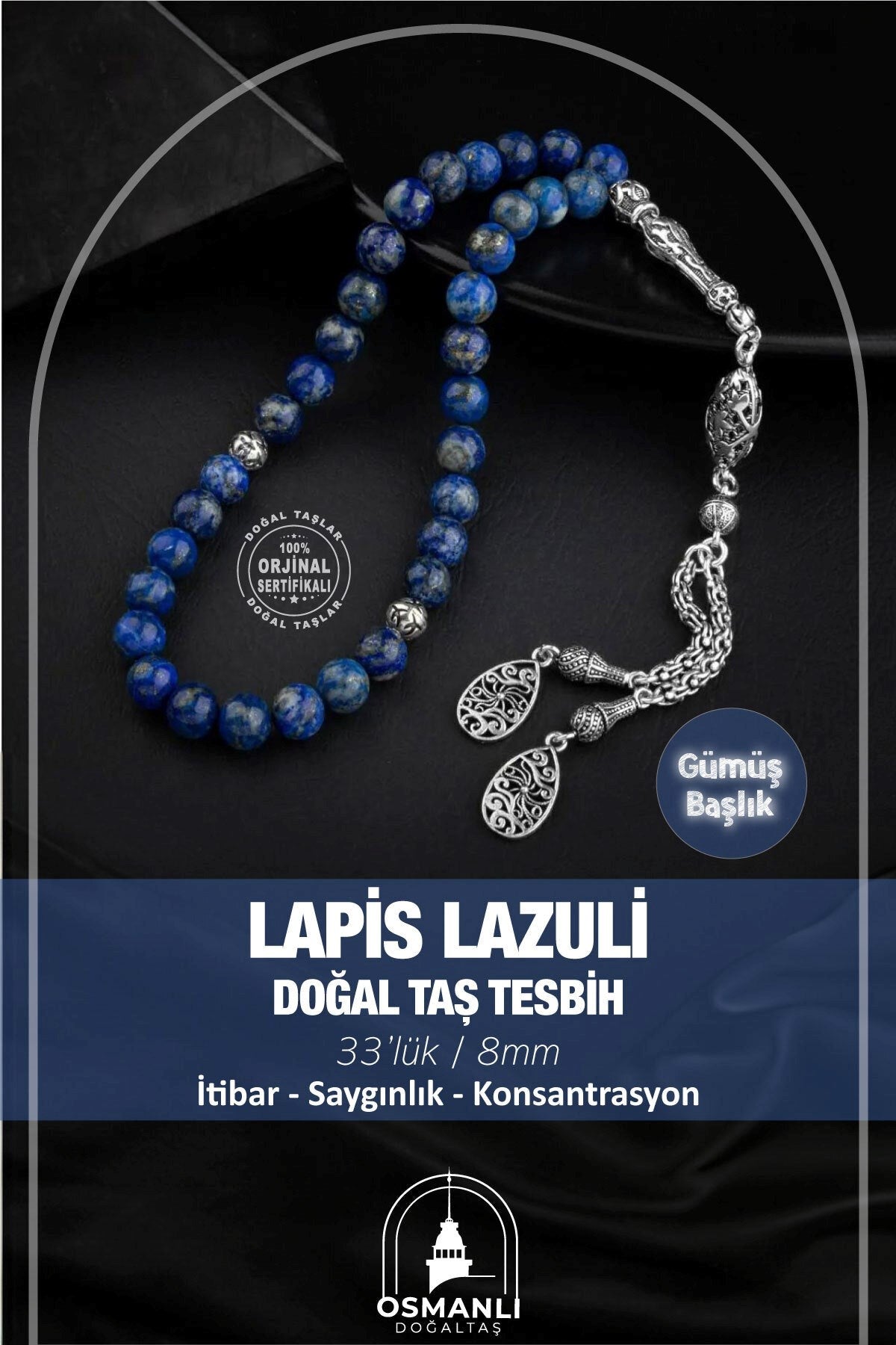 Lapis Lazuli Doğal Taş 8mm Gümüş İmameli Tesbih
