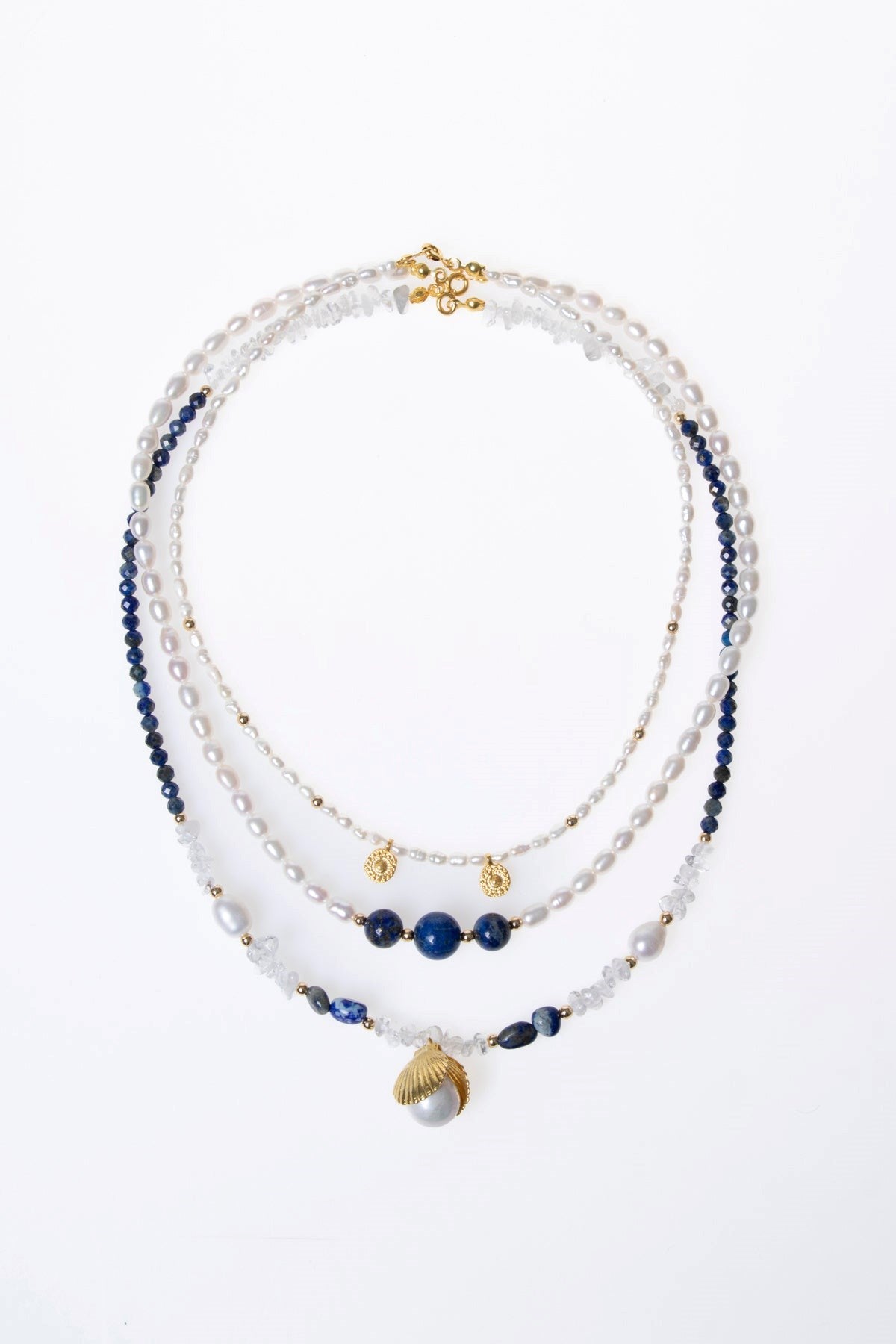 İnci, Lapis Lazuli, Hematit Gümüş Aparatlı Doğal Taş Kolye (SK:018)