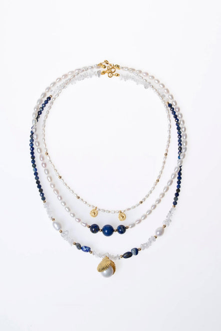 İnci, Lapis Lazuli, Hematit Gümüş Aparatlı Doğal Taş Kolye (SK:018)