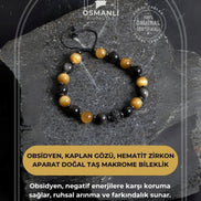 Obsidyen, Kaplan Gözü, Hematit Zirkon Aparat Doğal Taş Makrome Bileklik