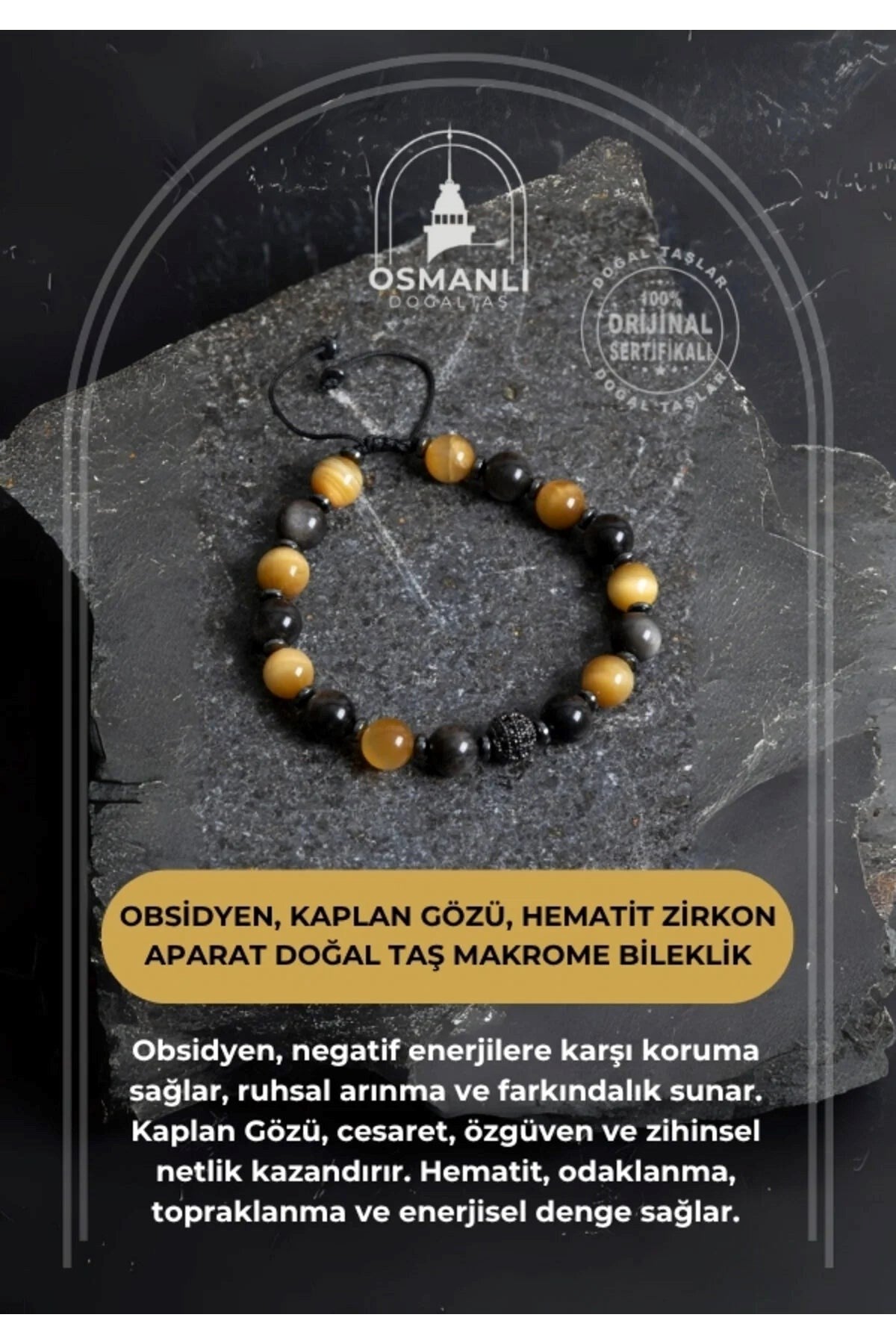 Obsidyen, Kaplan Gözü, Hematit Zirkon Aparat Doğal Taş Makrome Bileklik