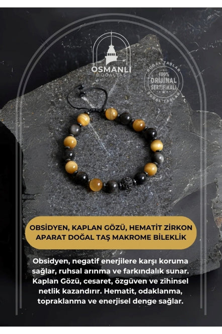 Obsidyen, Kaplan Gözü, Hematit Zirkon Aparat Doğal Taş Makrome Bileklik