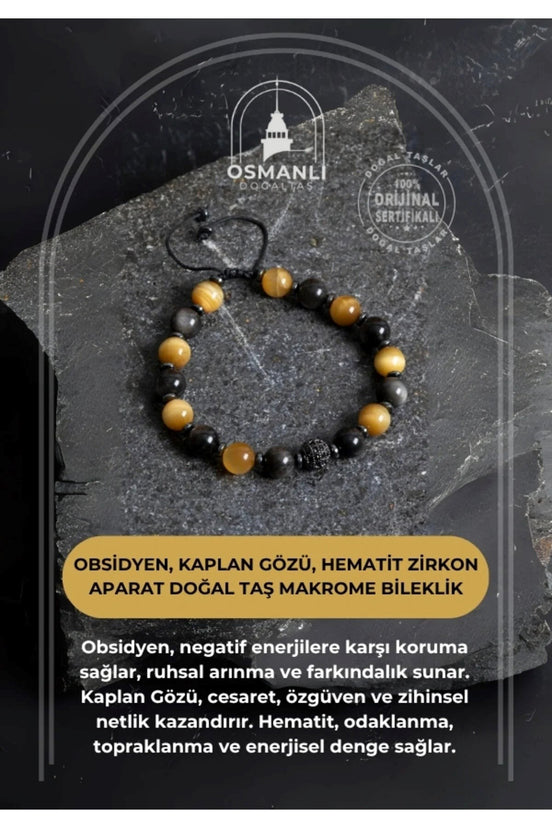 Obsidyen, Kaplan Gözü, Hematit Zirkon Aparat Doğal Taş Makrome Bileklik
