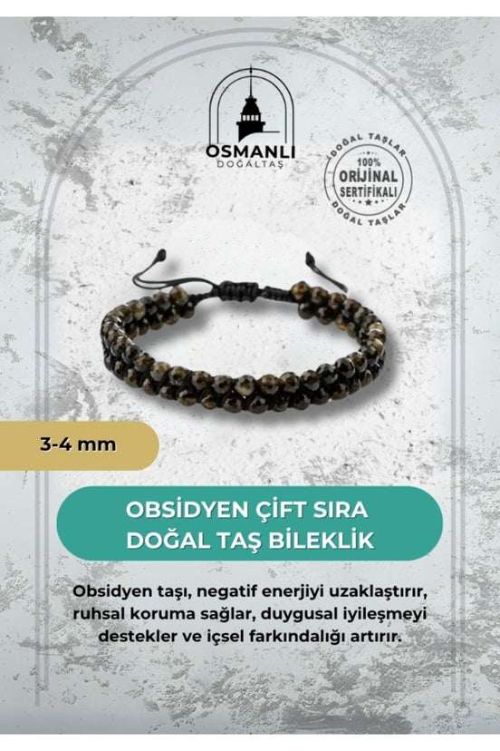 Obsidyen 3-4mm Çift Sıra Doğal Taş Bileklik