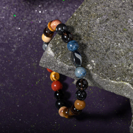 Oğlak Burcu Doğal Taş Bileklik – Dumanlı Kuvars, Dumortierit, Golden Obsidyen, Jasper & Kaplan Gözü