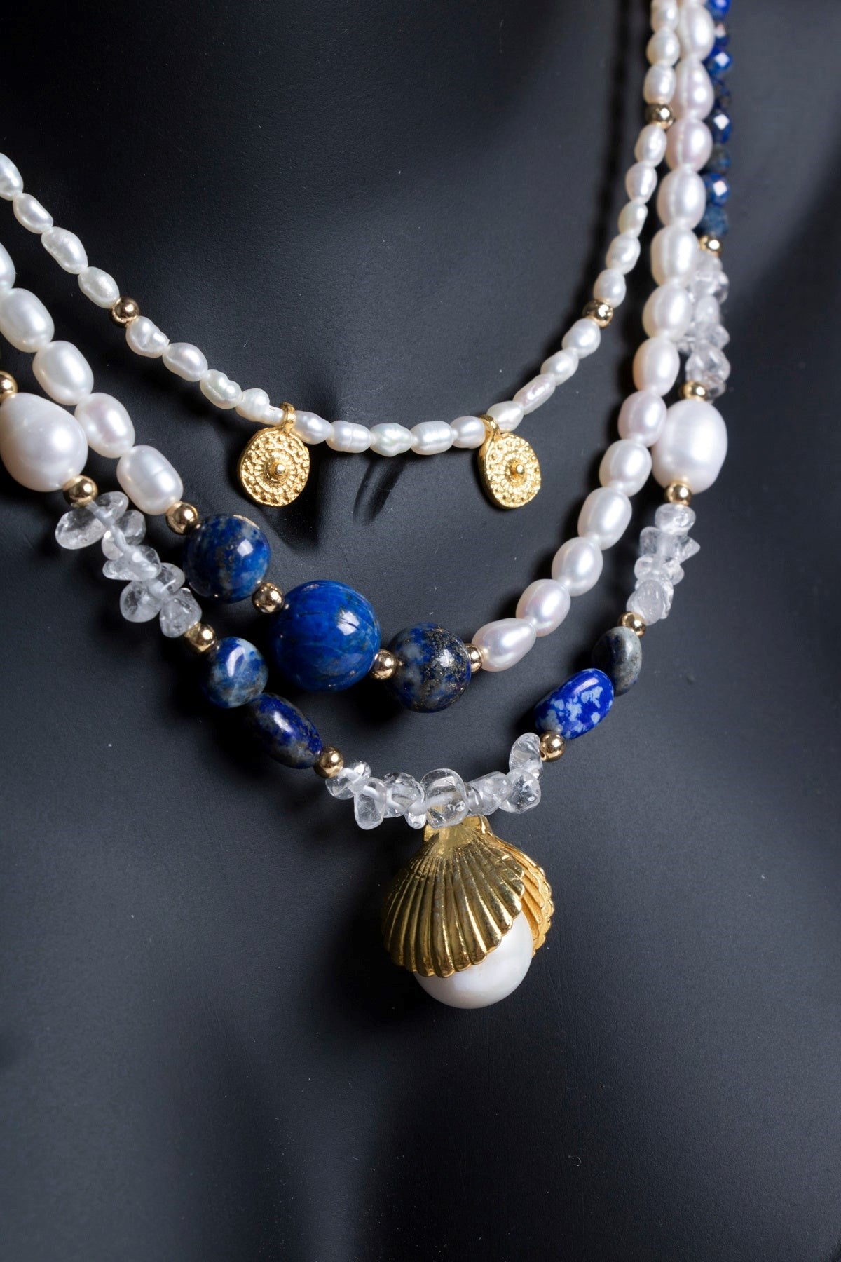 İnci, Lapis Lazuli, Hematit Gümüş Aparatlı Doğal Taş Kolye (SK:018)