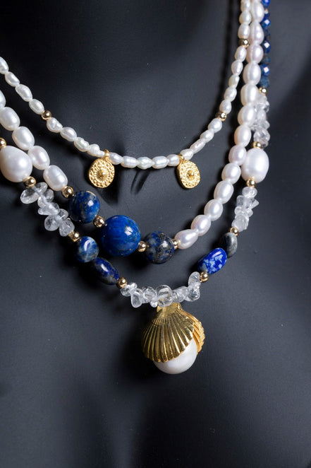 İnci, Lapis Lazuli, Hematit Gümüş Aparatlı Doğal Taş Kolye (SK:018)