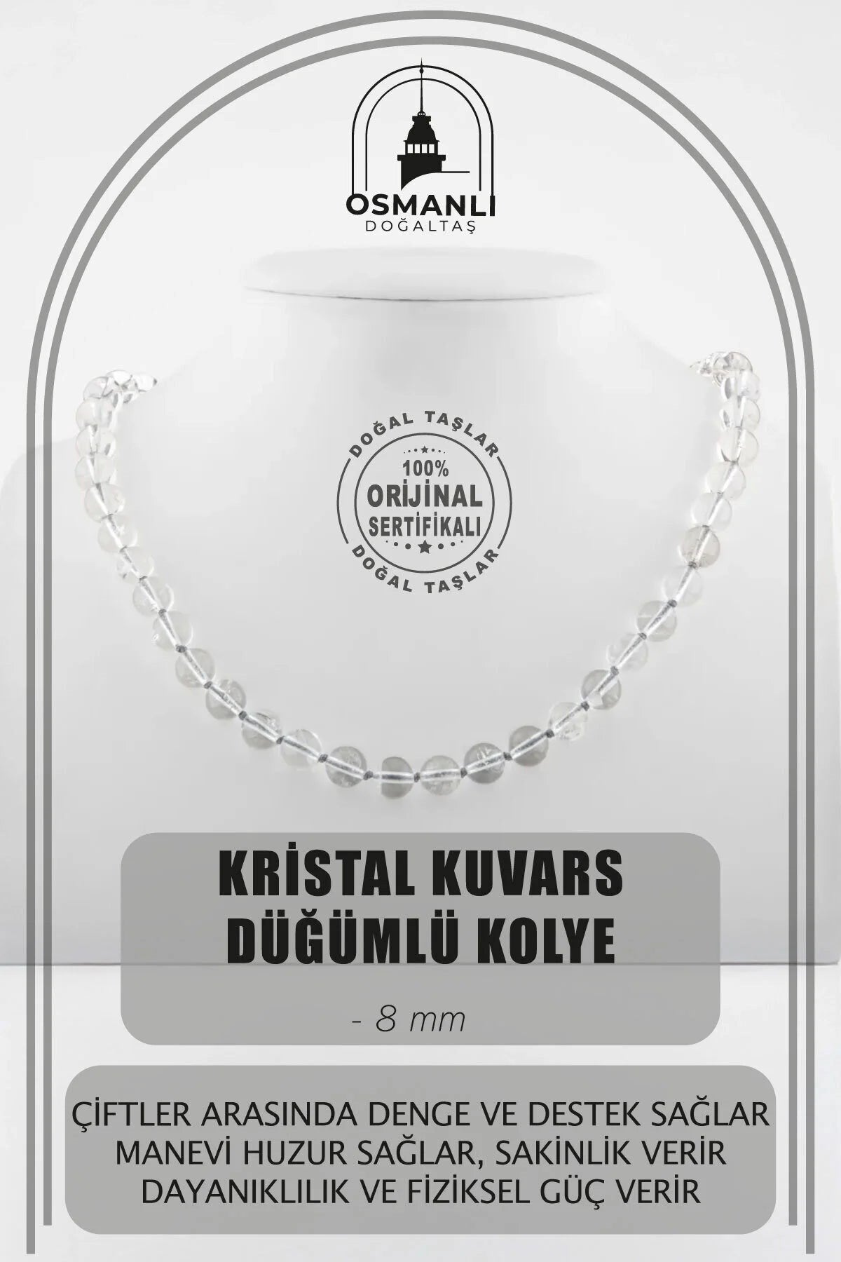 Kristal Kuvars 8 mm Düğümlü Doğal Taş Kolye