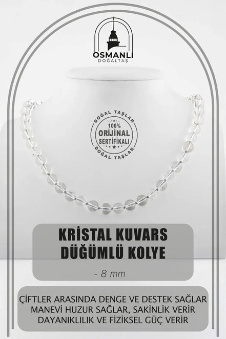 Kristal Kuvars 8 mm Düğümlü Doğal Taş Kolye