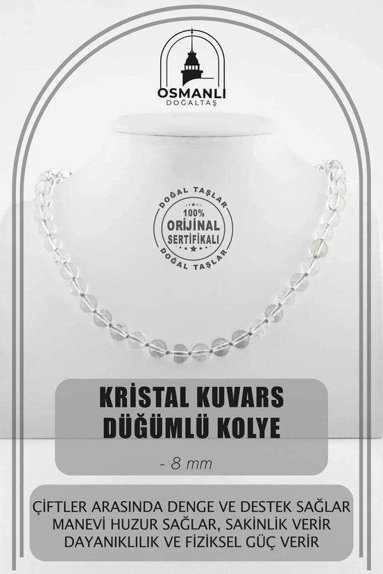 Kristal Kuvars 8 mm Düğümlü Doğal Taş Kolye
