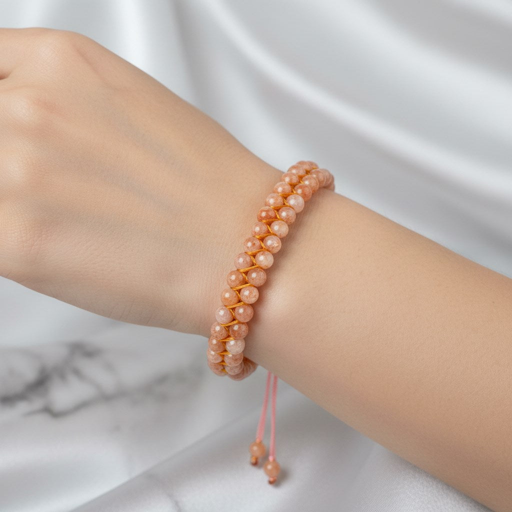 Güneş Taşı 4 mm Çift Sıra Doğal Taş Bileklik – Unisex El İşçiliği