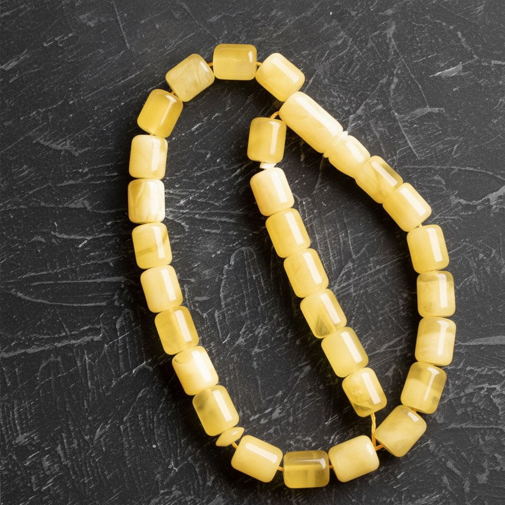 Sertifikalı 7-8 mm Silindir Kesim Gold Eskitme Kaplamalı Gümüş İmame ve Püsküllü Kehribar Tesbih