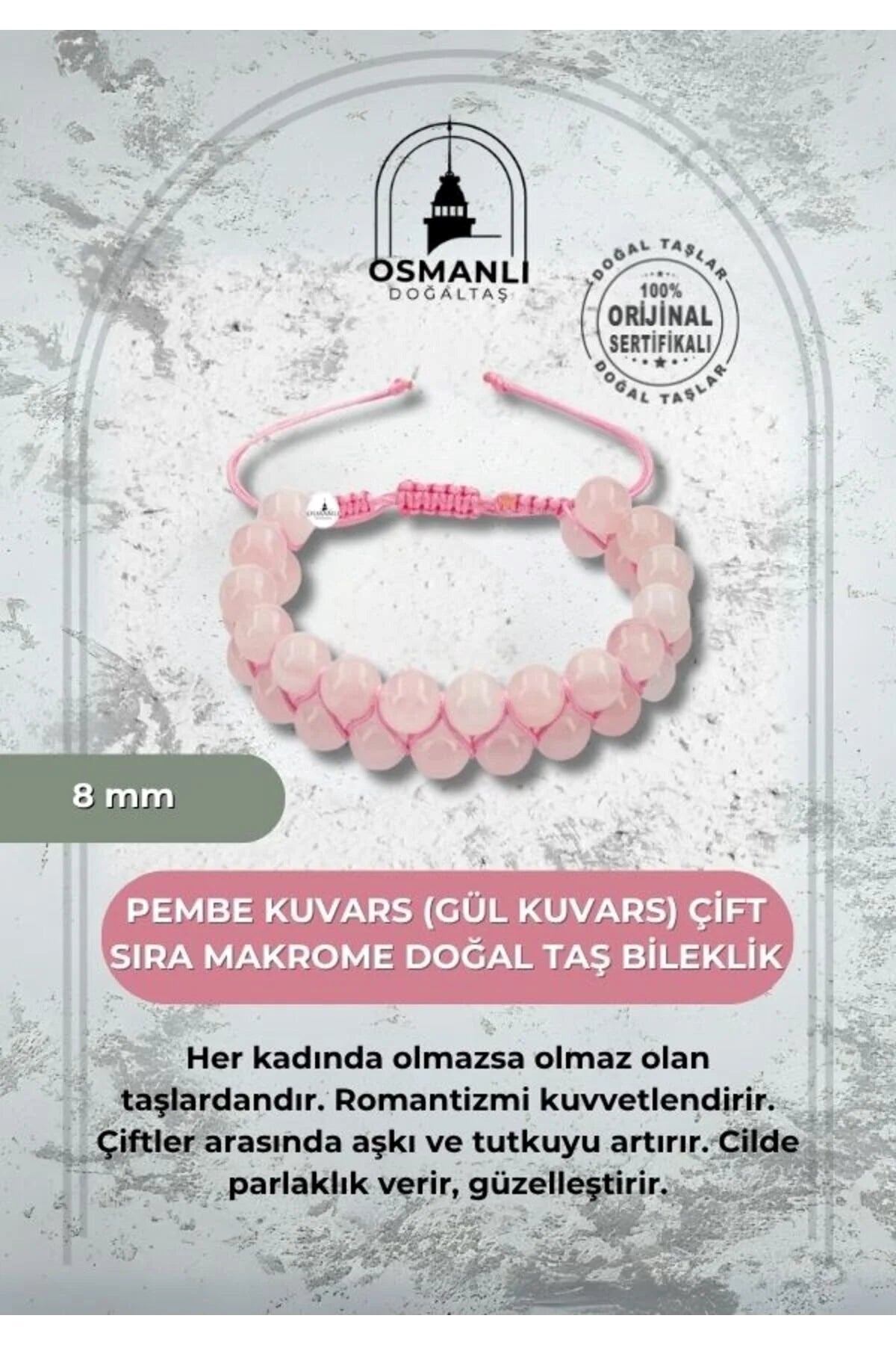 Pembe Kuvars (Gül Kuvars) 8mm Çift Sıra Makrome Doğal Taş Bileklik