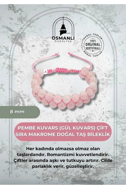 Pembe Kuvars (Gül Kuvars) 8mm Çift Sıra Makrome Doğal Taş Bileklik
