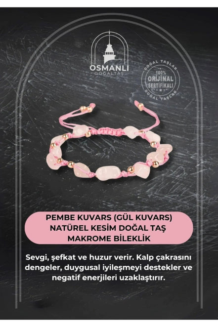Pembe Kuvars (Gül Kuvars) Natürel Kesim Doğal Taş Makrome Bileklik
