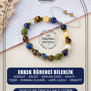 Erkek Öğrenci Doğal Taş Bileklik-Sodalit-Kalsit-Kaplan Gözü-Havlit-Yeşim-Dumanlı Kuvars-Lapis Lazuli-Hematit