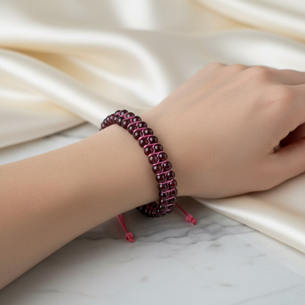 Bordo Granat Lal 4 mm Çift Sıra Doğal Taş Bileklik – Unisex El İşçiliği