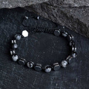 Sertifikalı Karlı Obsidyen, Hematit  Doğal Taş Makrome Bileklik