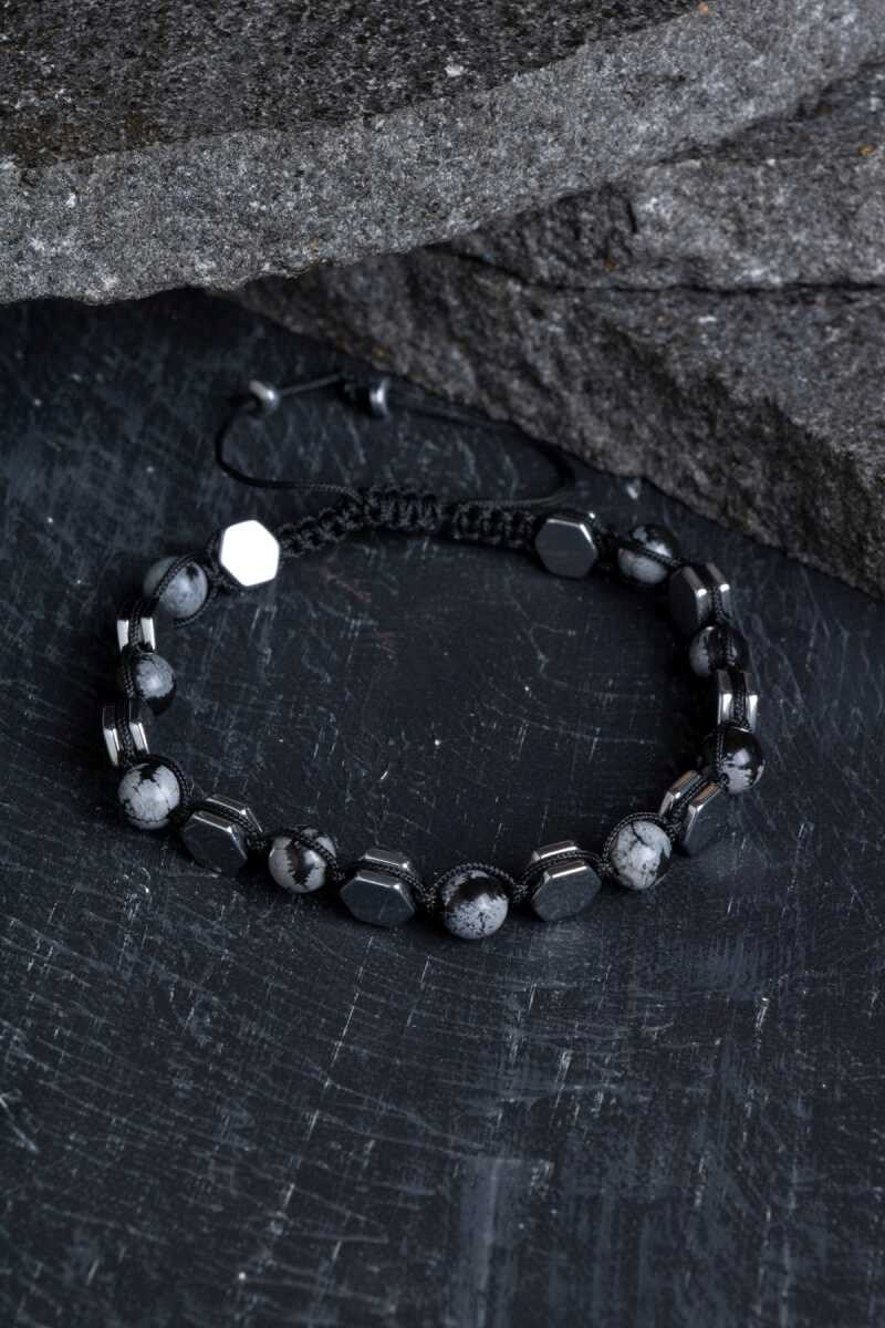 Sertifikalı Karlı Obsidyen, Hematit  Doğal Taş Makrome Bileklik