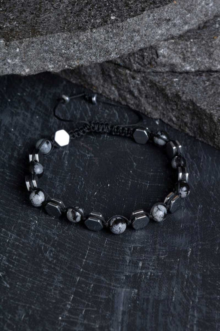 Sertifikalı Karlı Obsidyen, Hematit  Doğal Taş Makrome Bileklik
