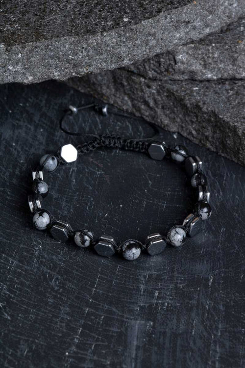 Sertifikalı Karlı Obsidyen, Hematit  Doğal Taş Makrome Bileklik