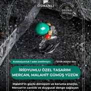 İridyumlu Malahit, Mercan Özel Tasarım Gümüş Yüzük (Kadın) (SK:004)