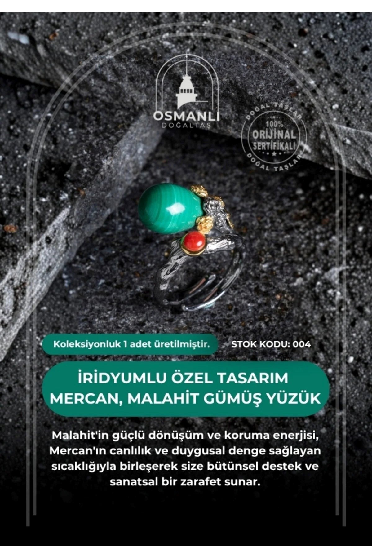 İridyumlu Malahit, Mercan Özel Tasarım Gümüş Yüzük (Kadın) (SK:004)