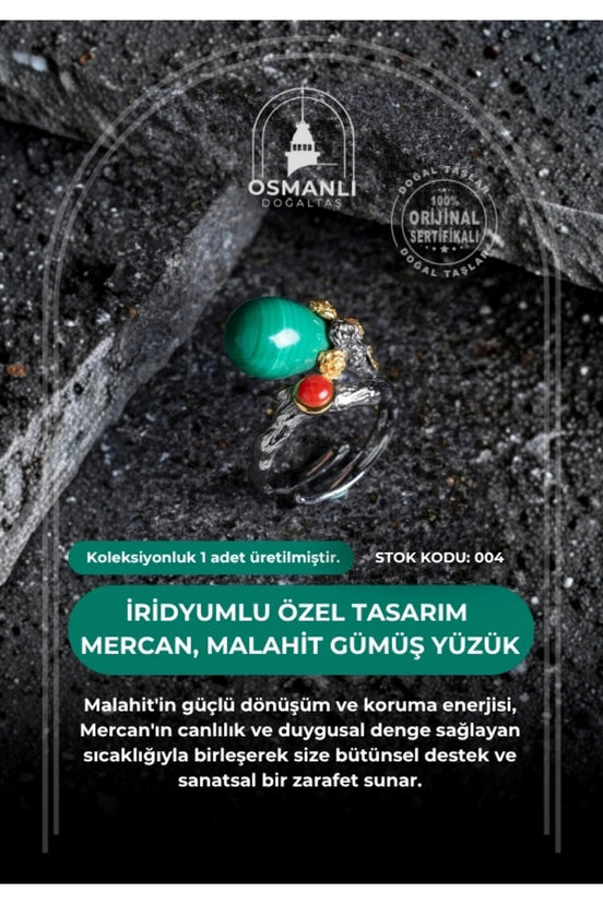 İridyumlu Malahit, Mercan Özel Tasarım Gümüş Yüzük (Kadın) (SK:004)