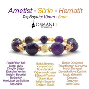 Orijinal Hakiki 10mm Fasetli Ametist - 6 mm Sitrin - Hematit Misinalı Bileklik